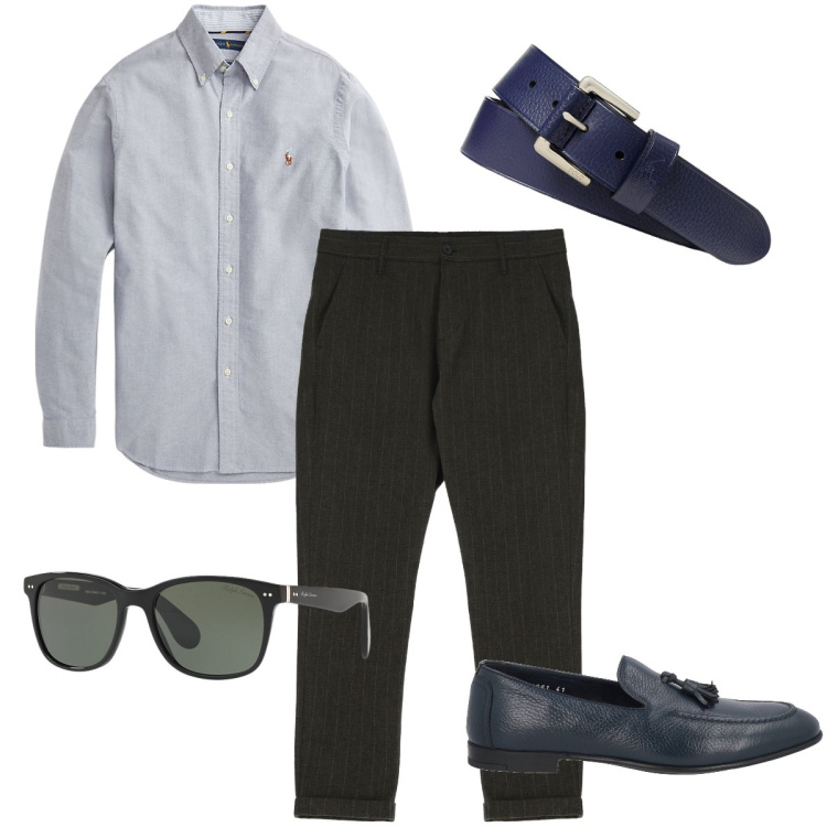 Outfit uomo - Il pantalone gessato. Stile Business/Elegante per Serata speciale. Abbinamento con scarpe stringate, pantaloni, camicie, occhiali da sole, cinture.