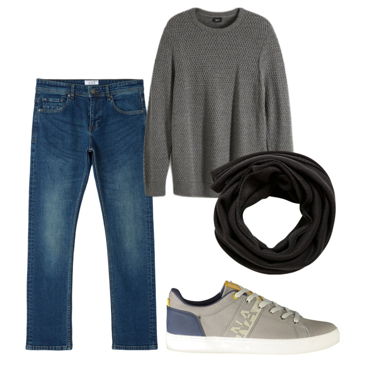 Outfit uomo - Grey smock. Stile Casual per Tutti i giorni. Abbinamento con maglieria, sciarpe, jeans dritti, sneakers.