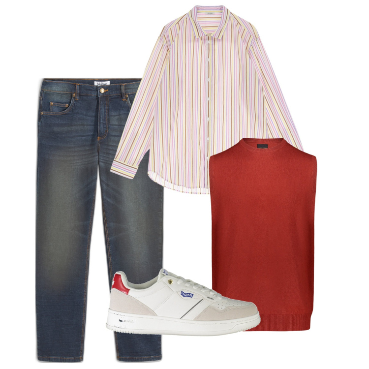 Outfit uomo - Si va di rosso. Stile Casual per Tutti i giorni. Abbinamento con jeans dritti, camicie, gilet, sneakers.