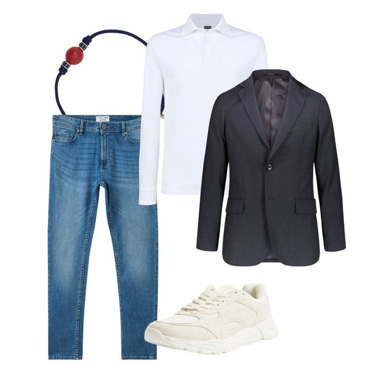 Outfit uomo - La polo candida. Stile Casual per Tutti i giorni. Abbinamento con jeans skinny, sneakers, braccialetti, polo, giacche.