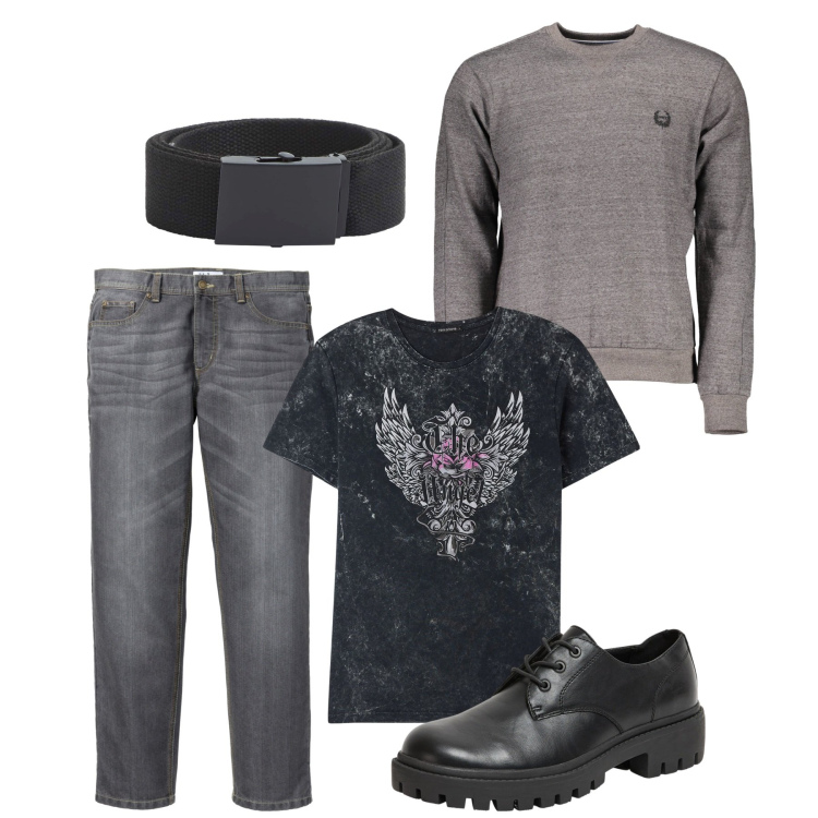 Outfit uomo - Fango. Stile Urban per Tutti i giorni. Abbinamento con jeans dritti, t-shirt, cinture, scarpe stringate, felpe.