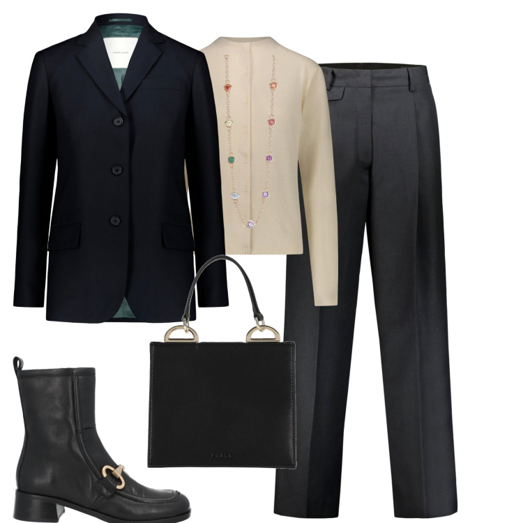 Outfit donna - In ufficio. Stile Minimal per Ufficio. Abbinamento con borse a mano, stivaletti, collane, cardigans, pantaloni, blazer.