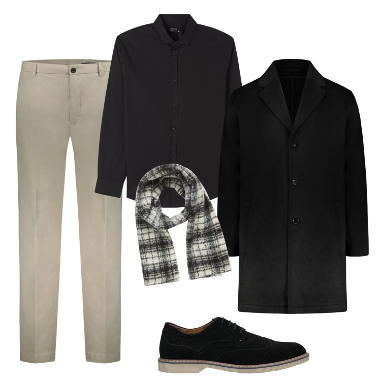 Outfit uomo - Il cappotto in autunno. Stile Business/Elegante per Ufficio. Abbinamento con scarpe stringate, camicie, sciarpe, cappotti, pantaloni.