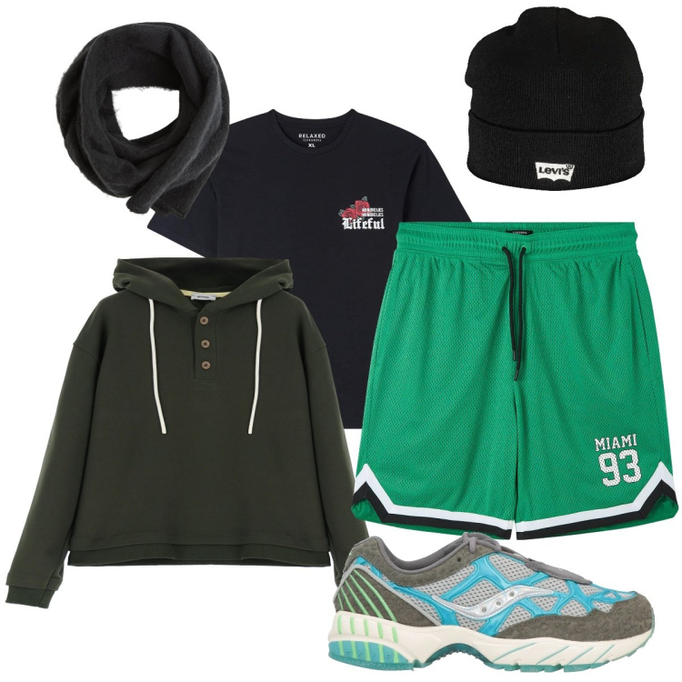 Outfit uomo - Corretta autunnale. Stile Casual per Sport. Abbinamento con sneakers, sciarpe e foulard, bermuda, t-shirt, felpe con cappuccio, berretti.