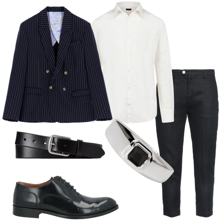 Outfit uomo - Serata con la dolce metà. Stile Trendy per Serata speciale. Abbinamento con pantaloni, scarpe stringate, anelli, giacche, cinture, camicie.