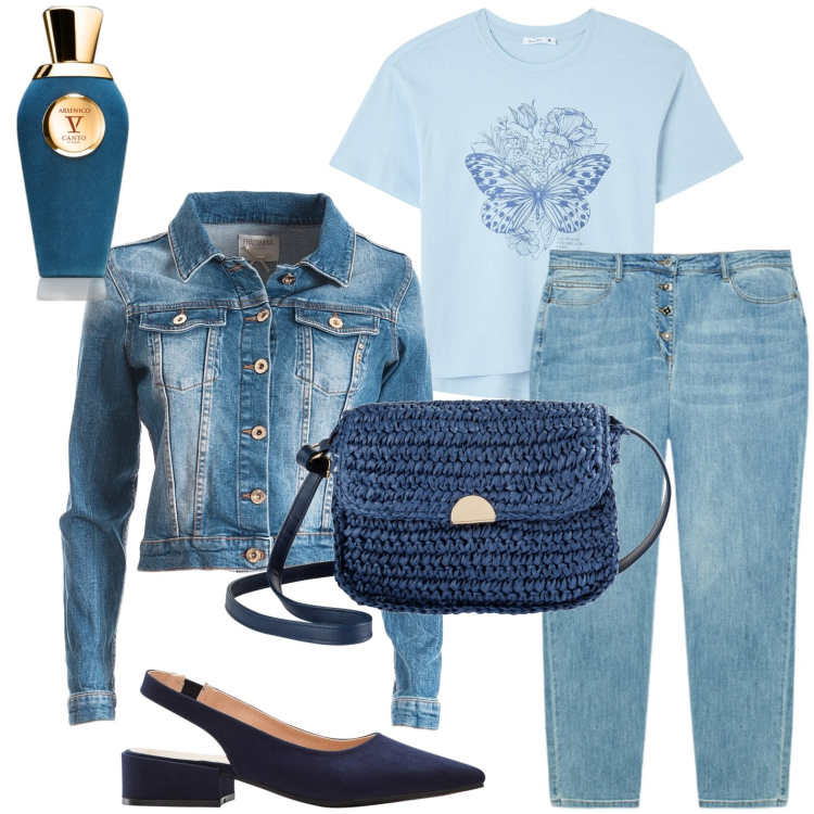 Outfit donna - Total look #1964489. Stile Casual per Tutti i giorni. Abbinamento con borse a tracolla, décolleté, profumi, t-shirt, blazer, jeans dritti.