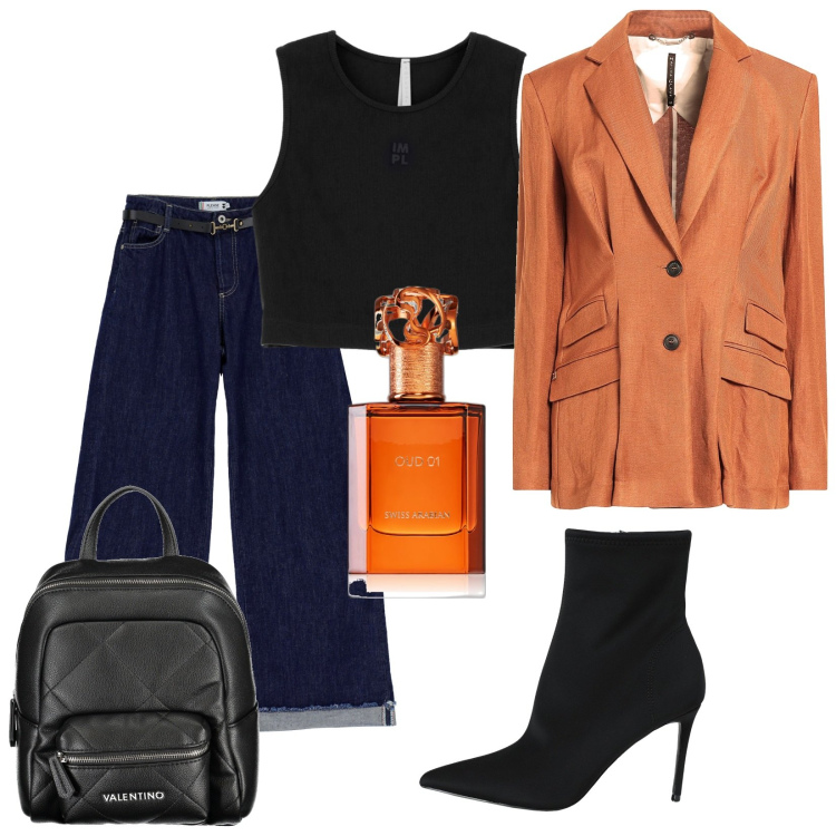 Outfit donna - Total look #1964492. Stile Trendy per Tutti i giorni. Abbinamento con stivaletti, blazer, profumi, jeans, canottiere, zaini.