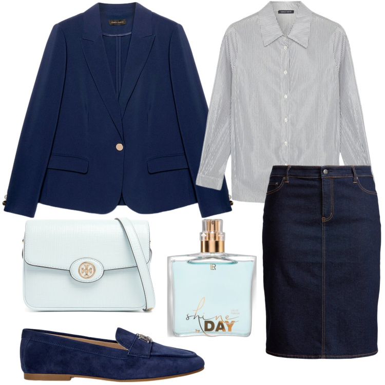 Outfit donna - Ufficio style. Stile Minimal per Ufficio. Abbinamento con profumi, mocassini, gonne, blazer, camicie, borse a spalla.