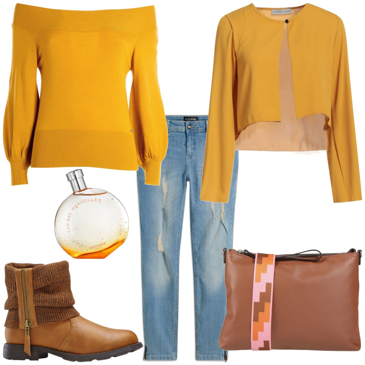 Outfit donna - Senape. Stile Urban per Tutti i giorni. Abbinamento con stivaletti, jeans strappati, blazer, borse a tracolla, profumi, maglieria.