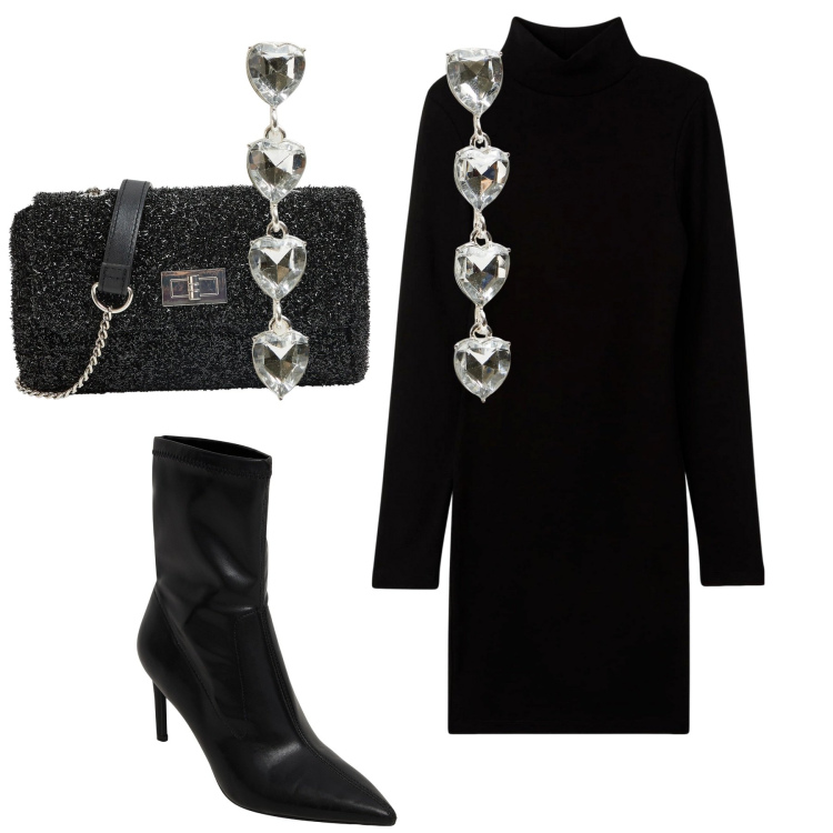 Outfit donna - Serata. Stile Minimal per Serata fuori. Abbinamento con stivaletti, orecchini, borse a tracolla, vestiti corti.