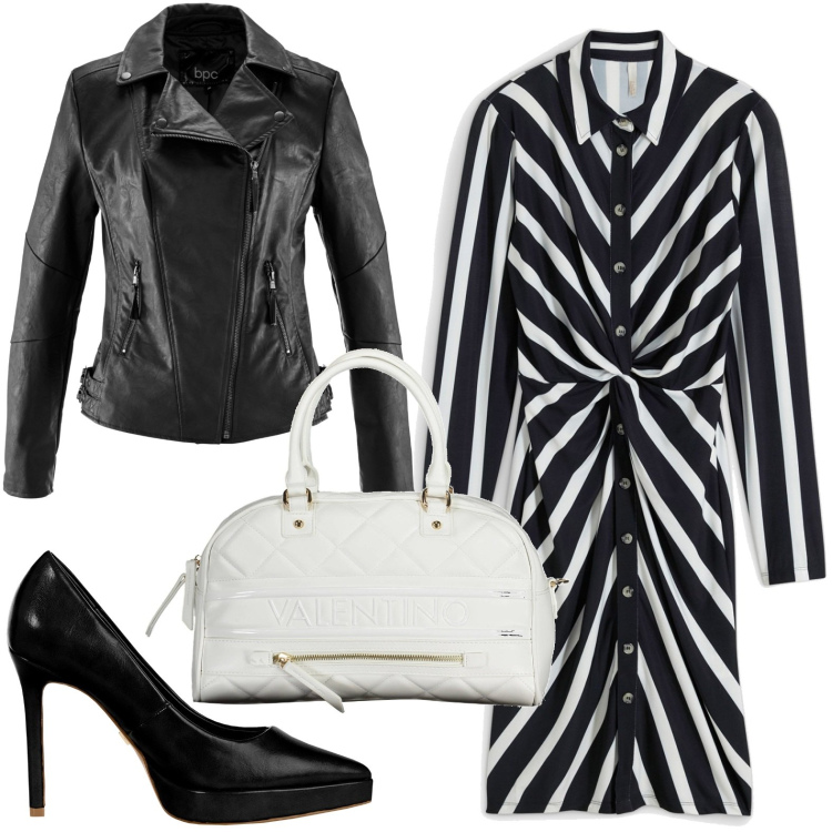 Outfit donna - Vestito con stampa geometrica. Stile Glamour per Serata fuori. Abbinamento con blazer, vestiti chemisier, décolleté, borse a spalla.