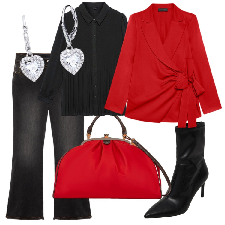 Outfit donna - Rosso di sera. Stile Chic per Serata fuori. Abbinamento con stivaletti, orecchini, blazer, jeans, borse a spalla, camicie.