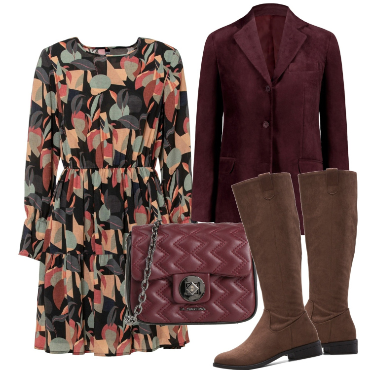 Outfit donna - I colori dell\'autunno. Stile Bon Ton per Ufficio. Abbinamento con stivali, vestiti, borse a tracolla, blazer.