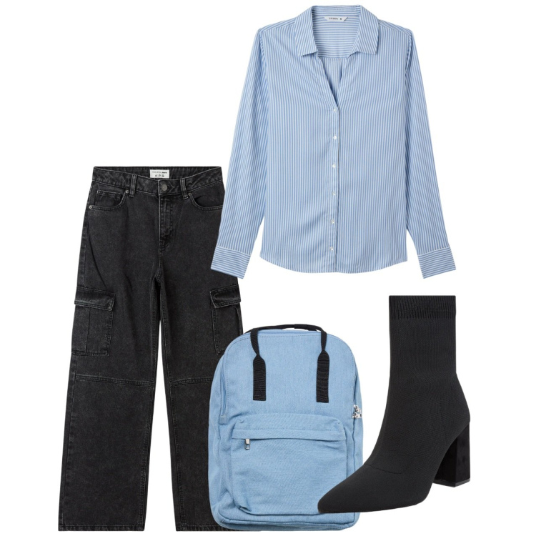 Outfit donna - Svelta al lavoro. Stile Urban per Tutti i giorni. Abbinamento con jeans dritti, camicie, stivaletti, zaini.