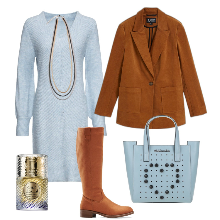 Outfit donna - Azzurro polvere e cognac. Stile Trendy per Ufficio. Abbinamento con vestiti, stivali, blazer, borse a mano, profumi, collane.