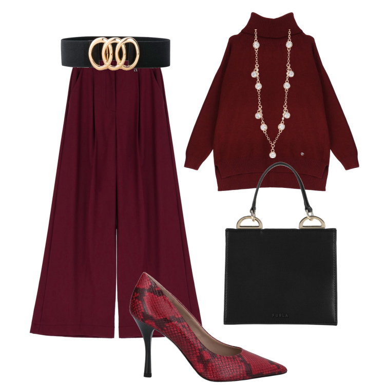 Outfit donna - Ufficio Borgogna. Stile Glamour per Ufficio. Abbinamento con cinture, borse a mano, décolleté, collane, maglieria, pantaloni.