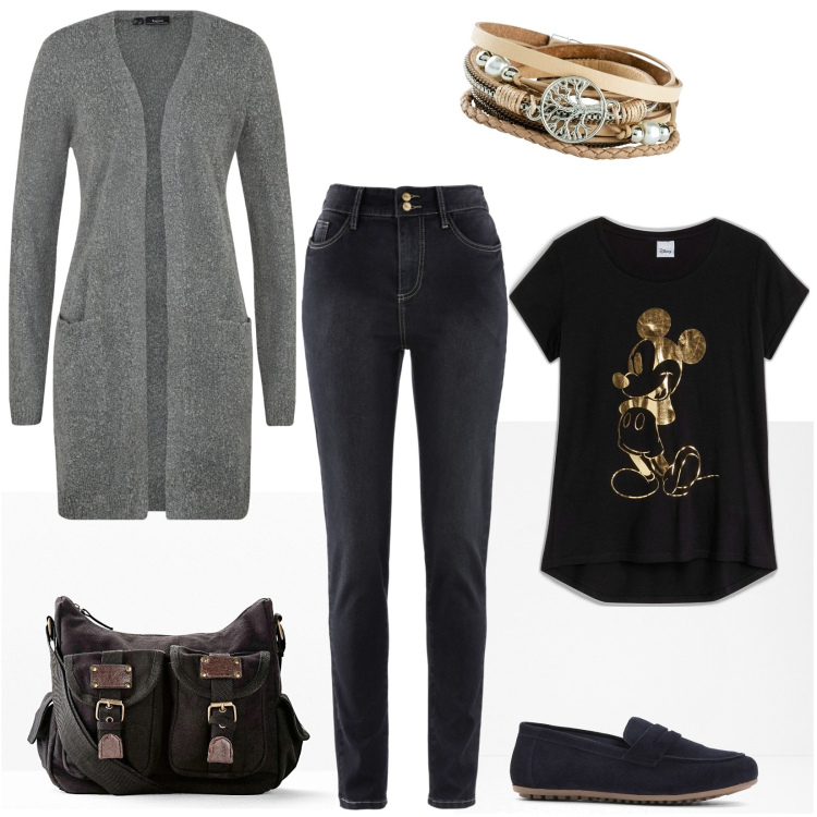 Outfit donna - In black with Mickey Mouse con Bonprix. Stile Casual per Tutti i giorni. Abbinamento con t-shirt, mocassini, jeans, braccialetti, cardigans, borse a tracolla.