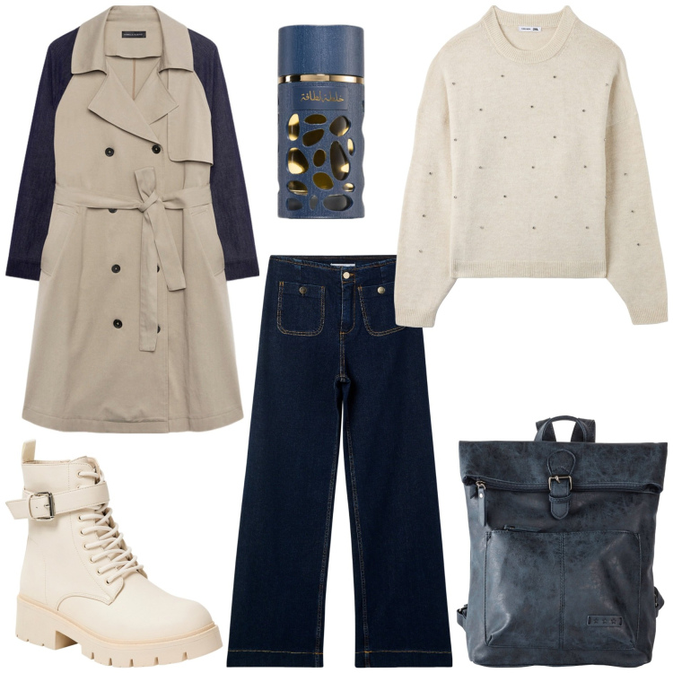 Outfit donna - Il trench con le maniche in denim. Stile Urban per Tutti i giorni. Abbinamento con zaini, profumi, anfibi, jeans, maglieria, trench.