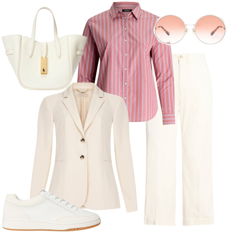 Outfit donna - Total look #1964643. Stile Casual chic per Tutti i giorni. Abbinamento con occhiali da sole, blazer, borse tote, camicie, sneakers, pantaloni.