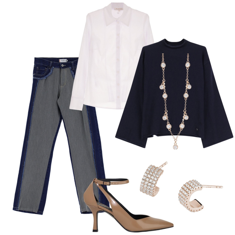 Outfit donna - I jeans con pannelli gessati in ufficio. Stile Casual chic per Ufficio. Abbinamento con camicie, jeans, pullovers, orecchini, collane, décolleté.