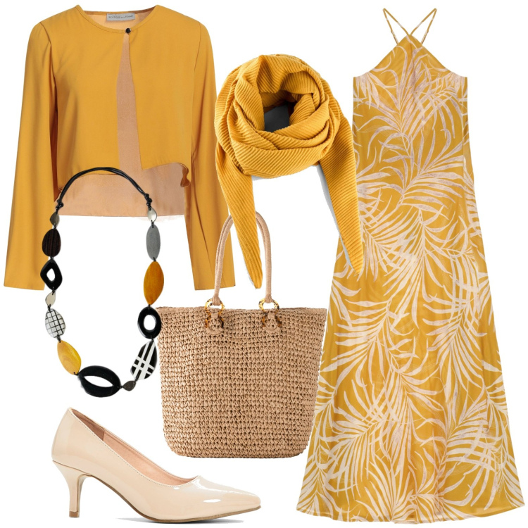 Outfit donna - Splende il sole. Stile Casual chic per Tutti i giorni. Abbinamento con foulard, décolleté, shopping bag, blazer, vestiti lunghi, collane.