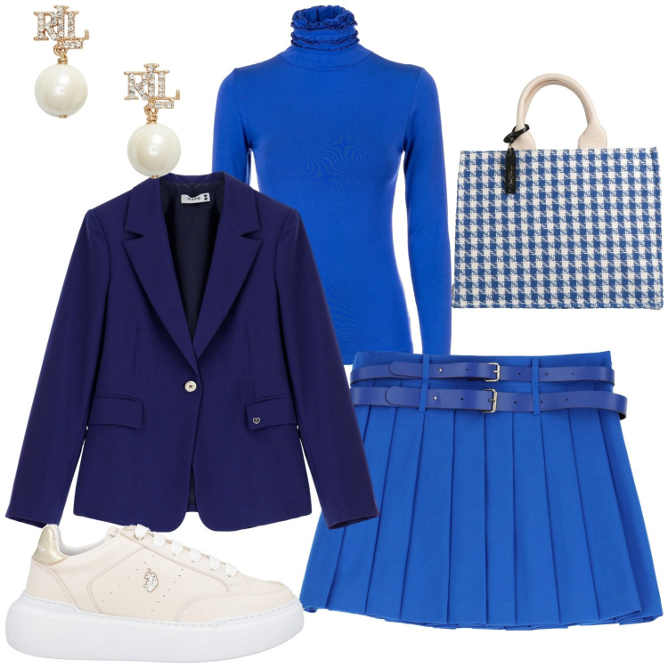 Outfit donna - Total look #1964648. Stile Casual chic per Tutti i giorni. Abbinamento con sneakers, borse a mano, blazer, top, minigonne, orecchini.