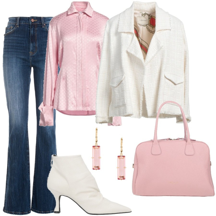 Outfit donna - Con gli stivaletti. Stile Casual chic per Ufficio. Abbinamento con stivaletti, borse a mano, camicie, blazer, jeans bootcut, orecchini.