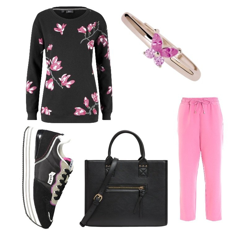 Outfit donna - Fiori di ciliegio. Stile Basic per Tutti i giorni. Abbinamento con felpe, shopping bag, anelli, pantaloni, sneakers.