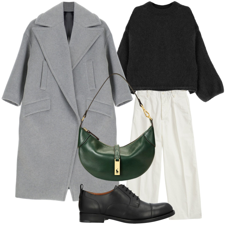 Outfit donna - Il cappotto grigio classico. Stile Urban per Ufficio. Abbinamento con scarpe stringate, cappotti, pullovers, pantaloni, borse a spalla.