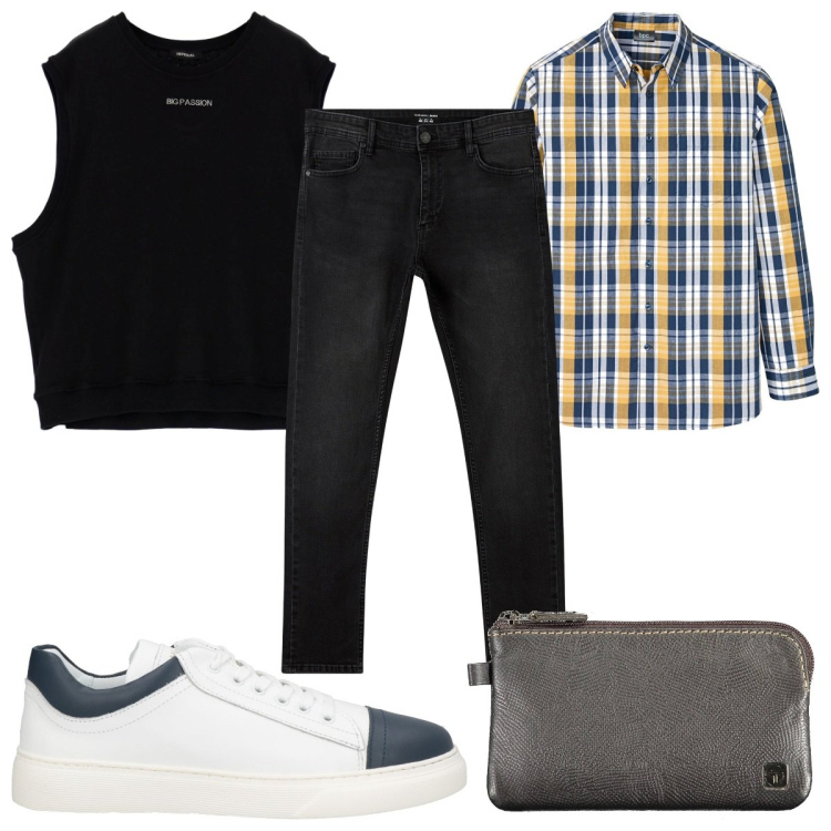 Outfit uomo - Total look #1964706. Stile Trendy per Tutti i giorni. Abbinamento con camicie, sneakers, jeans skinny, felpe, portafogli.