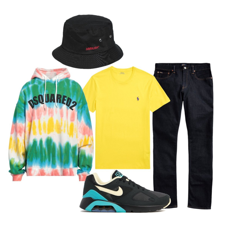 Outfit uomo - La felpa colorata. Stile Trendy per Tutti i giorni. Abbinamento con cappelli, felpe con cappuccio, jeans, t-shirt, sneakers.