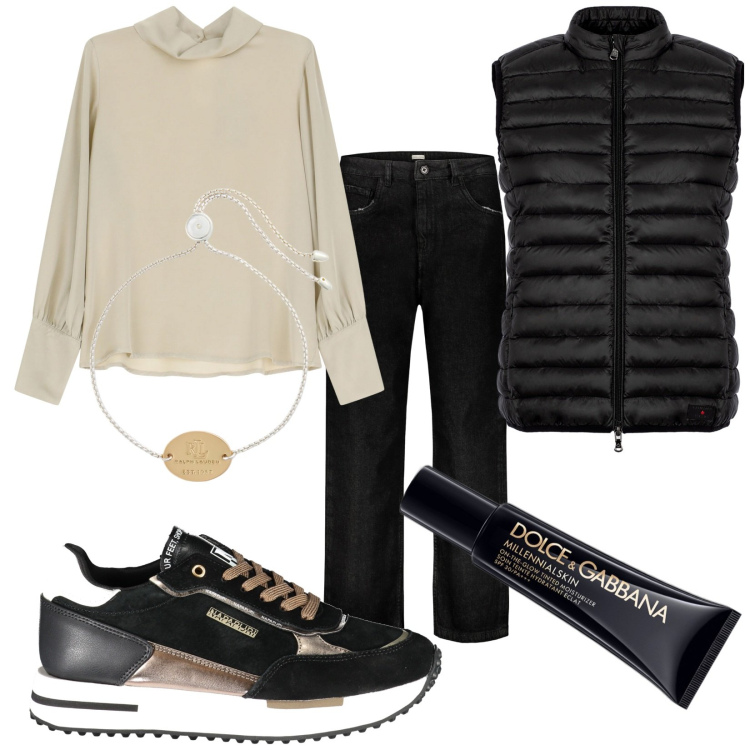 Outfit donna - Total look #1964740. Stile Casual chic per Tutti i giorni. Abbinamento con fondotinta, camicie, braccialetti con ciondoli, piumini, scarpe sportive, jeans.