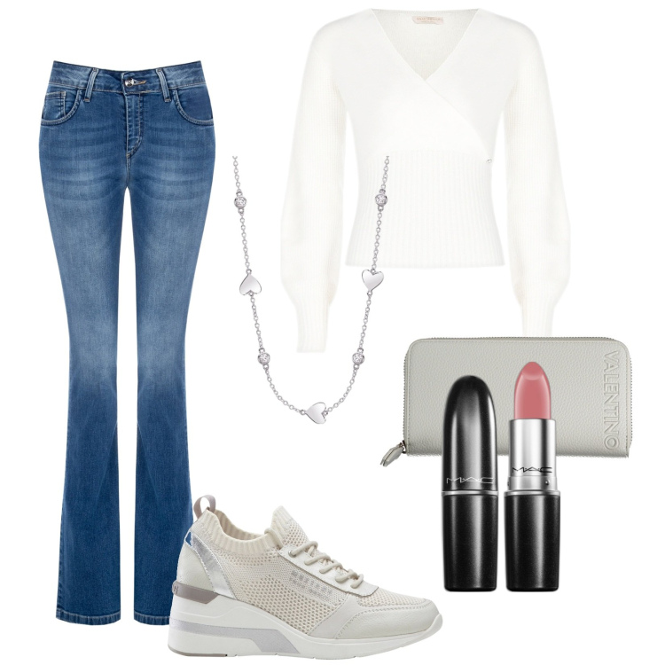 Outfit donna - Total look #1964754. Stile Casual chic per Tutti i giorni. Abbinamento con sneakers, rossetti, collane, maglieria, jeans a zampa, portafogli.