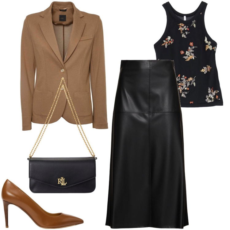 Outfit donna - La gonna in similpelle. Stile Chic per Serata fuori. Abbinamento con top, décolleté, borse a spalla, gonne longuette, blazer.