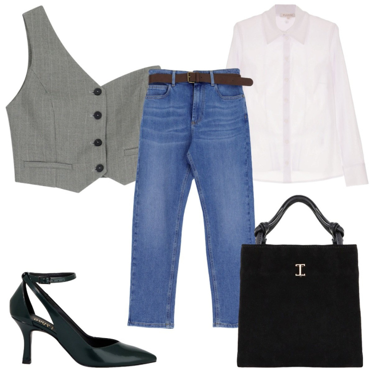 Outfit donna - FW24 PLEASE denim trendy. Stile Trendy per Tutti i giorni. Abbinamento con camicie, gilet, jeans dritti, shopping bag, décolleté.