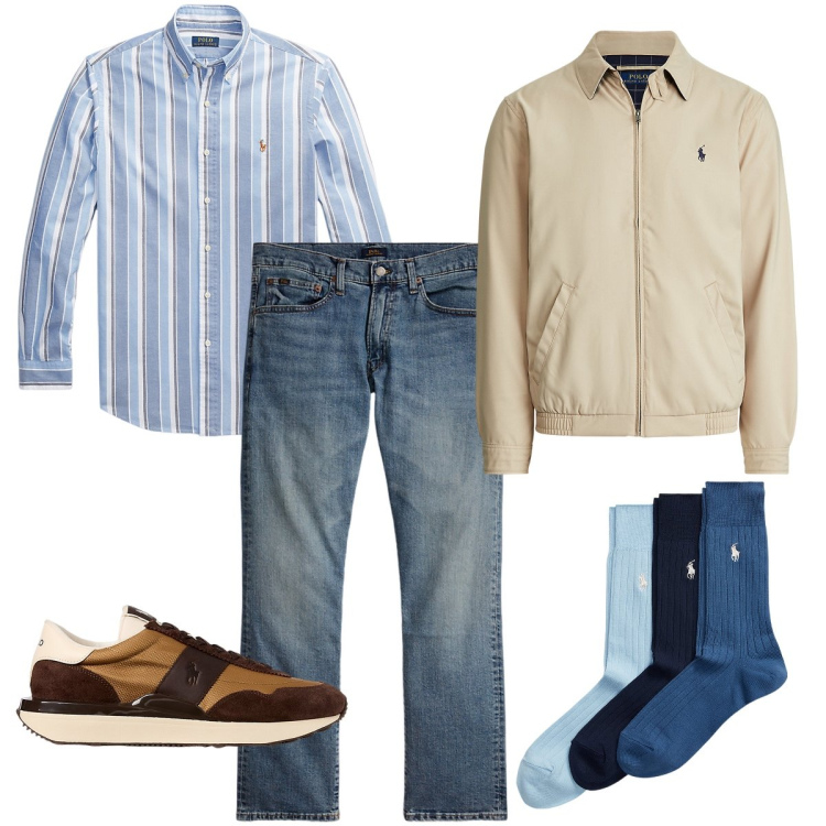 Outfit uomo - Il giubbotto color crema. Stile Urban per Ufficio. Abbinamento con calzini, giacche, camicie, sneakers, jeans dritti.