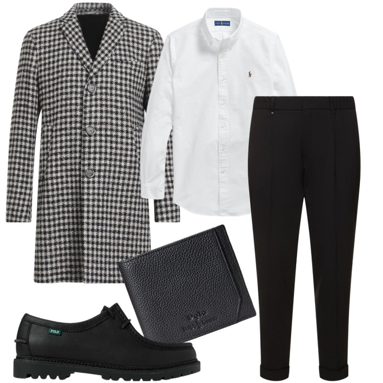 Outfit uomo - Il cappotto a quadri. Stile Business/Elegante per Serata speciale. Abbinamento con cappotti, camicie, scarpe stringate, portafogli, pantaloni.