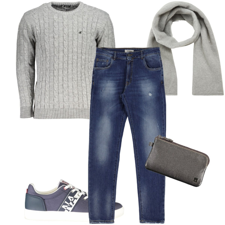 Outfit uomo - La maglia a trecce. Stile Urban per Tutti i giorni. Abbinamento con sciarpe e foulard, jeans slim fit, maglieria, portafogli, sneakers.