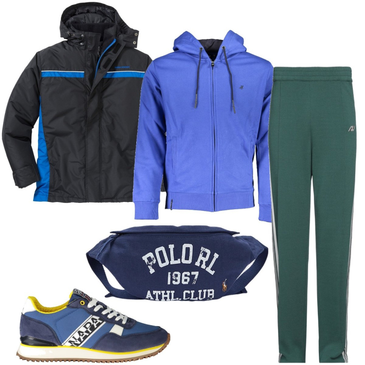 Outfit uomo - Pronto per la gara. Stile Casual per Sport. Abbinamento con giacche, pantaloni, borse sportive, felpe con cappuccio, sneakers.