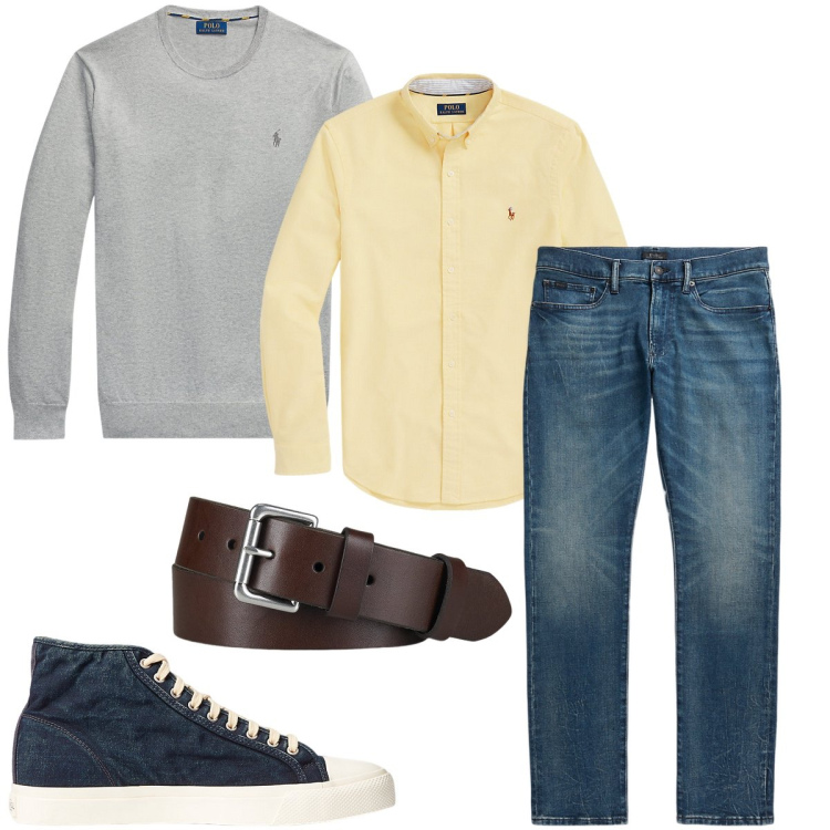 Outfit uomo - Le sneakers in denim. Stile Urban per Ufficio. Abbinamento con sneakers, maglieria, cinture, jeans, camicie.