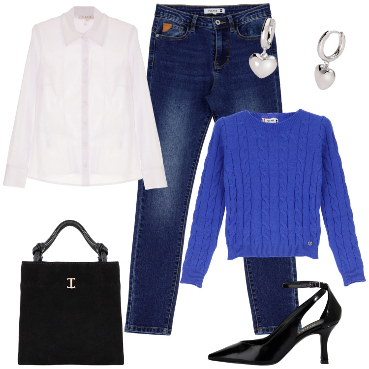 Outfit donna - Denim Please. Stile Casual chic per Ufficio. Abbinamento con camicie, pullovers, jeans skinny, orecchini, shopping bag, décolleté.