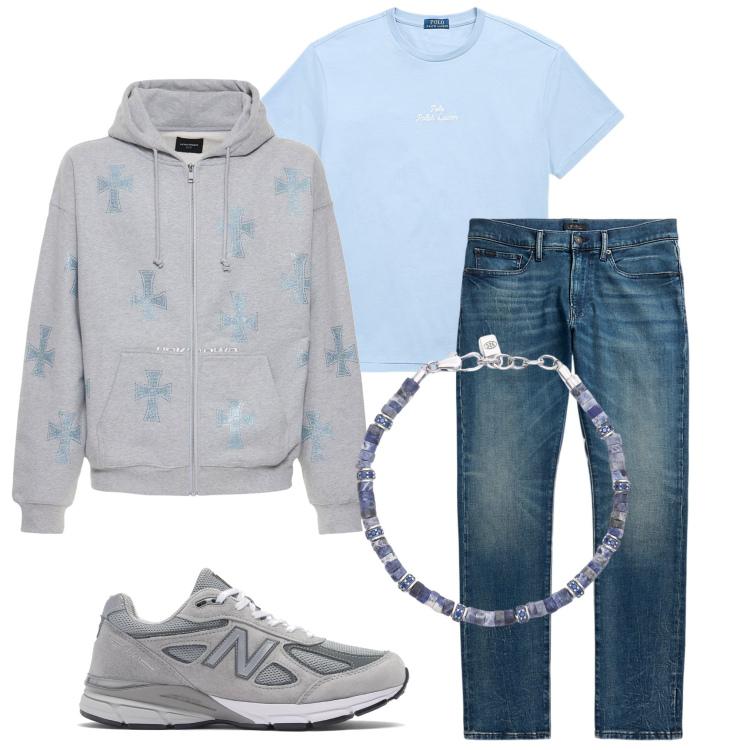 Outfit uomo - Sabato pomeriggio. Stile Casual per Tutti i giorni. Abbinamento con braccialetti, t-shirt, jeans, felpe con cappuccio, sneakers.