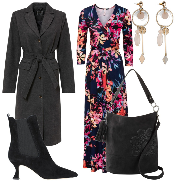 Outfit donna - In lungo fiorato. Stile Glamour per Serata fuori. Abbinamento con orecchini, borse a mano, vestiti lunghi, cappotti, stivaletti.