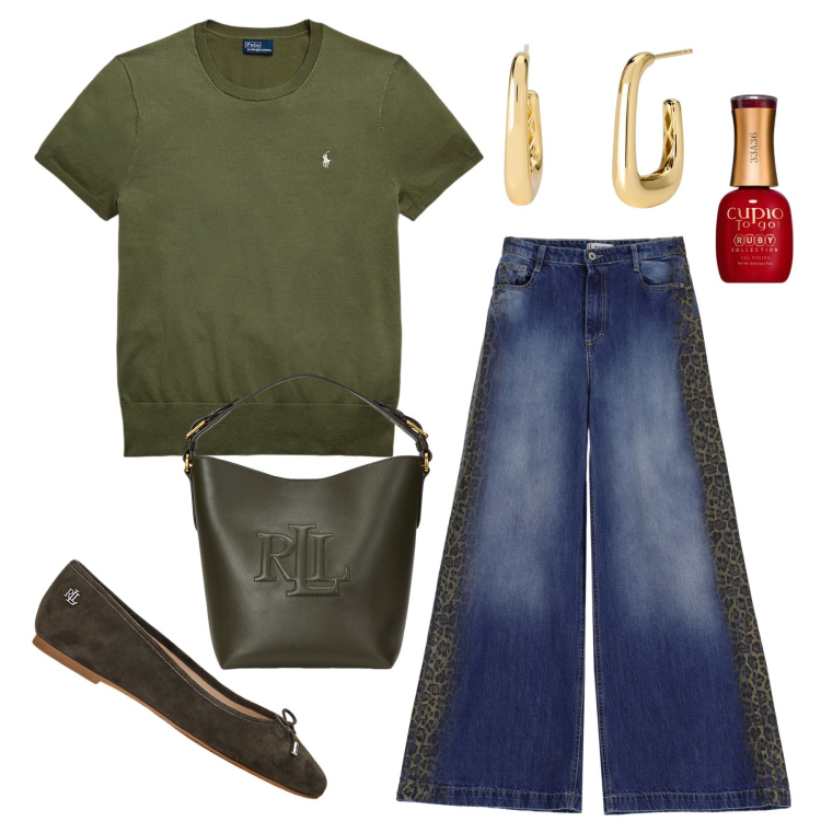 Outfit donna - Verde militare. Stile Casual chic per Tutti i giorni. Abbinamento con smalti, orecchini, jeans, maglieria, ballerine, borse a secchiello.