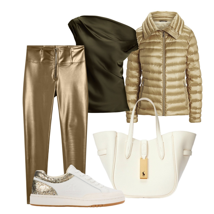 Outfit donna - Oro. Stile Sporty chic per Tutti i giorni. Abbinamento con pantaloni skinny, piumini, camicie, borse tote, sneakers.