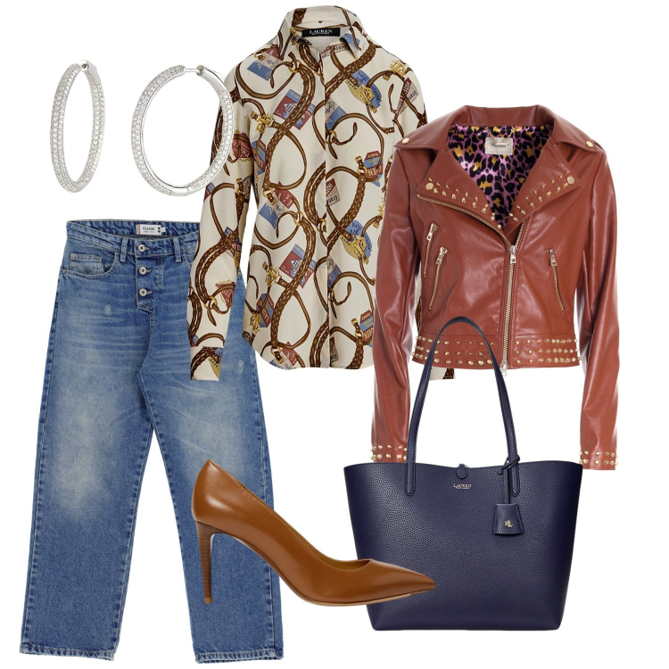 Outfit donna - La camicia importante. Stile Chic per Tutti i giorni. Abbinamento con orecchini, jeans dritti, blazer, décolleté, camicie, borse tote.