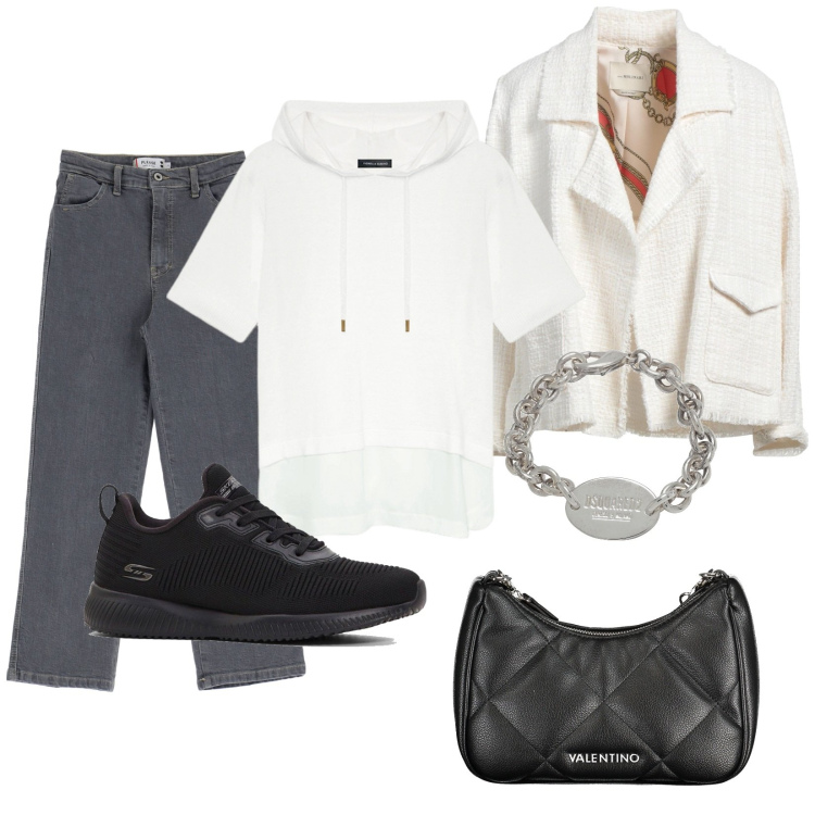 Outfit donna - Chiaroscuro. Stile Urban per Tutti i giorni. Abbinamento con sneakers, blazer, braccialetti, jeans dritti, maglieria, collane.