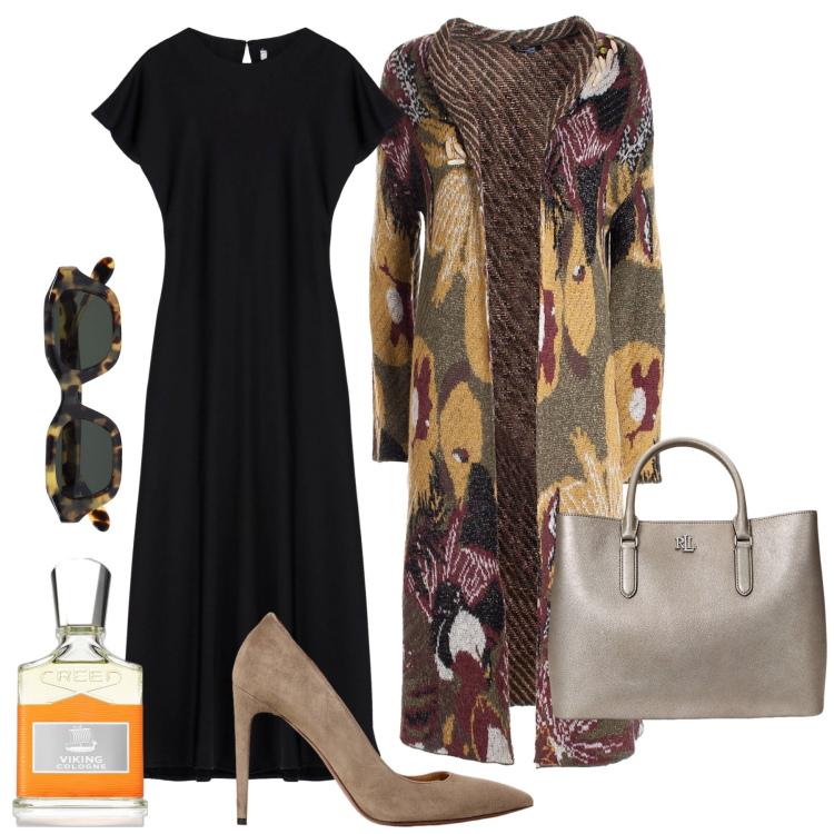 Outfit donna - Cardigan chic. Stile Chic per Tutti i giorni. Abbinamento con profumi, cardigans, vestiti lunghi, borse a mano, décolleté, occhiali da sole.