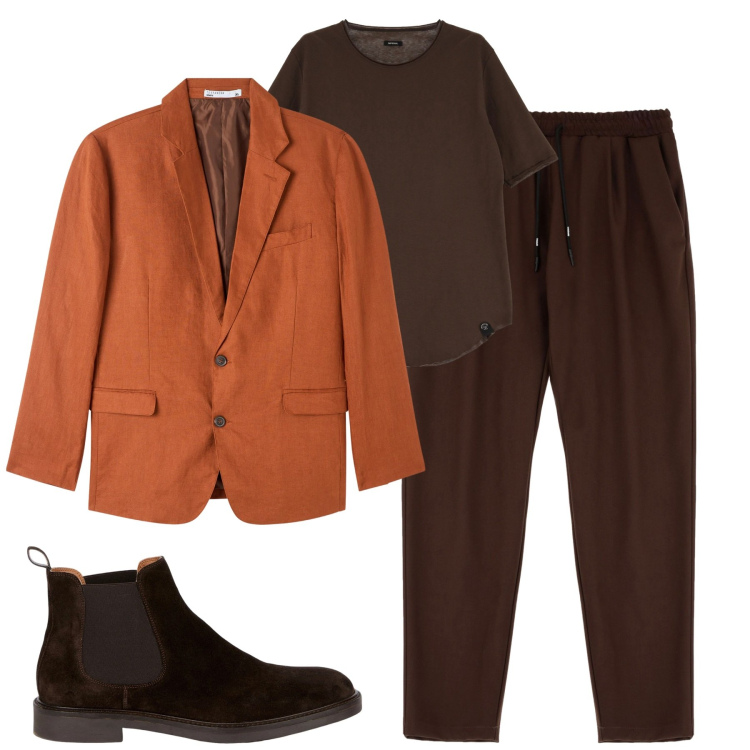 Outfit uomo - Brown. Stile Urban per Tutti i giorni. Abbinamento con giacche, t-shirt, pantaloni, stivali e stivaletti.