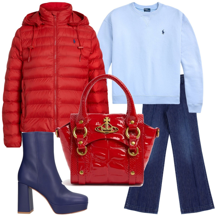 Outfit donna - Stivaletti e piumino. Stile Trendy per Ufficio. Abbinamento con stivaletti, jeans, pullovers, giacche, borse a mano.